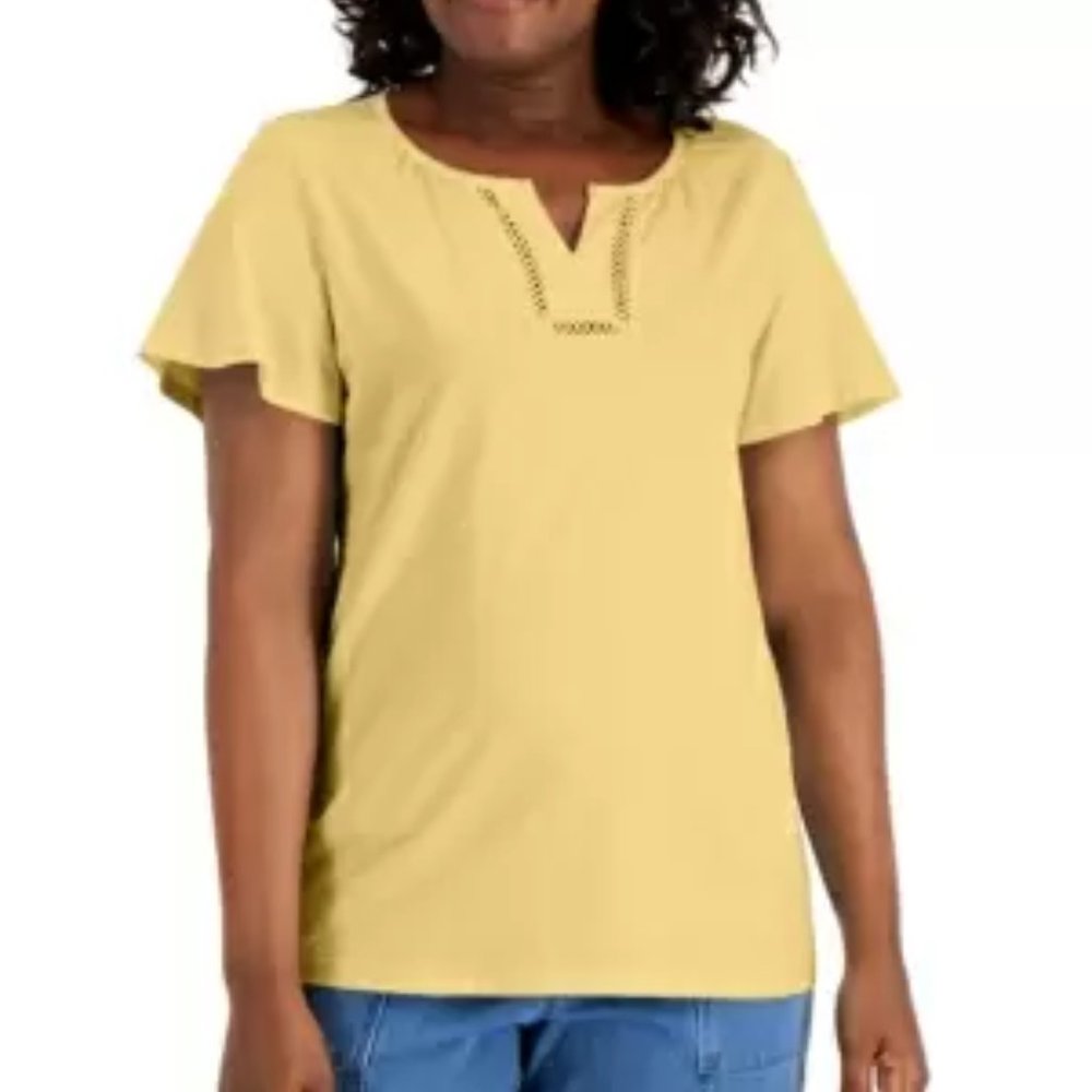 Karen Scott Cotton Flutter-Sleeve Top, Citron Aura